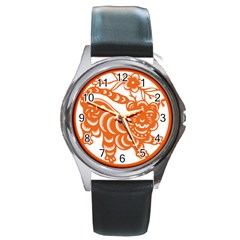 Chinese Zodiac Signs Tiger Star Orangehoroscope Round Metal Watch by Mariart