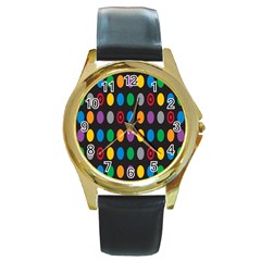 Polka Dots Rainbow Circle Round Gold Metal Watch by Mariart