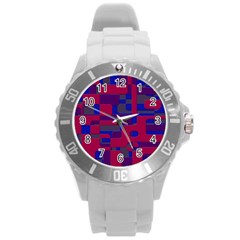 Offset Puzzle Rounded Graphic Squares In A Red And Blue Colour Set Round Plastic Sport Watch (l) by Mariart