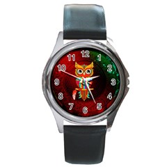 Cute Owl, Mandala Design Round Metal Watch
