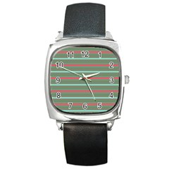 Horizontal Line Red Green Square Metal Watch by Mariart