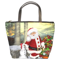 Sanata Claus With Snowman And Christmas Tree Bucket Bags by FantasyWorld7