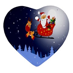 Deer Santa Claus Flying Trees Moon Night Merry Christmas Ornament (heart) by Alisyart