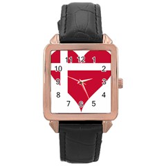 Heart Love Flag Denmark Red Cross Rose Gold Leather Watch 