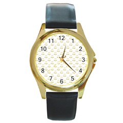 Gold Scales Of Justice On White Repeat Pattern All Over Print Round Gold Metal Watch by PodArtist