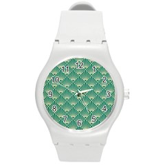 Teal,beige,art Nouveau,vintage,original,belle Époque,fan Pattern,geometric,elegant,chic Round Plastic Sport Watch (m)