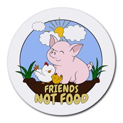 Friends Not Food - Cute Pig And Chicken Round Mousepads by Valentinaart