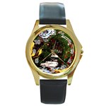 weed tumbler and blue rose Round Gold Metal Watch Front