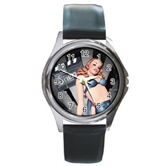 Retro Pin Up Girl Blue Round Metal Watch by vintage2030