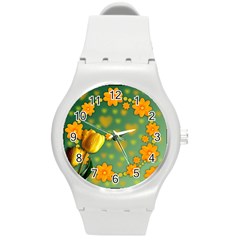 Background Design Texture Tulips Round Plastic Sport Watch (m)