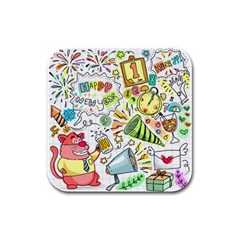 Doodle New Year Party Celebration Rubber Square Coaster (4 Pack)  by Pakrebo