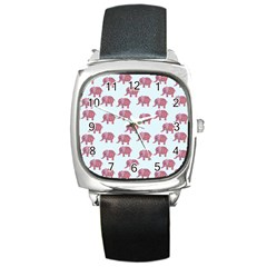 Pink Flower Elephant Square Metal Watch