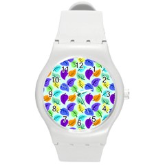 Colorful Leaves Blue Round Plastic Sport Watch (m)