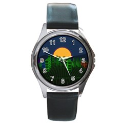 Neon City Retro Grid 80s Round Metal Watch