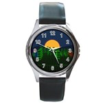 Neon City Retro Grid 80s Round Metal Watch Front