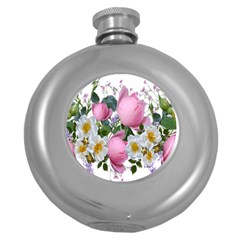 Flowers Roses Pink White Blooms Round Hip Flask (5 Oz)