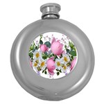 Flowers Roses Pink White Blooms Round Hip Flask (5 oz) Front
