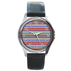 Christmas Color Stripes Pattern Round Metal Watch by Vaneshart