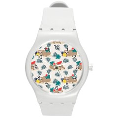 Cute Lazy Sloth Summer Fruit Seamless Pattern Round Plastic Sport Watch (m)