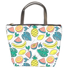 Seamless Pattern Tropical Fruit Banana Watermelon Papaya Lemon Orange Monstera Bucket Bag by Vaneshart
