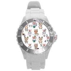Cute Cartoon Boho Animals Seamless Pattern Round Plastic Sport Watch (l)