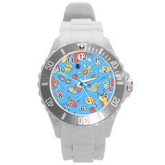 Hand Drawn Seamless Pattern Summer Time Round Plastic Sport Watch (l)