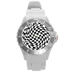 Weaving Racing Flag, Black And White Chess Pattern Round Plastic Sport Watch (l)