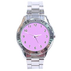 White Polka Dot Pastel Purple Background, Pink Color Vintage Dotted Pattern Stainless Steel Analogue Watch