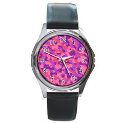 Pink And Purple Camouflage Round Metal Watch by SpinnyChairDesigns