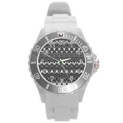 Boho Black And White Pattern Round Plastic Sport Watch (l)