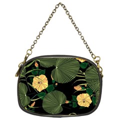 Tropical Vintage Yellow Hibiscus Floral Green Leaves Seamless Pattern Black Background  Chain Purse (two Sides) by Sobalvarro