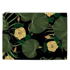 Tropical Vintage Yellow Hibiscus Floral Green Leaves Seamless Pattern Black Background  Cosmetic Bag (xxl) by Sobalvarro