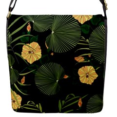 Tropical Vintage Yellow Hibiscus Floral Green Leaves Seamless Pattern Black Background  Flap Closure Messenger Bag (s) by Sobalvarro