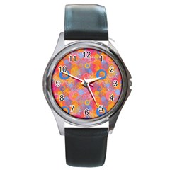 Multicolored Splashes And Watercolor Circles On A Dark Background Round Metal Watch
