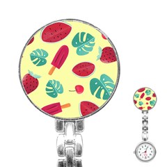 Watermelon Leaves Cherry Background Pattern Stainless Steel Nurses Watch by nate14shop