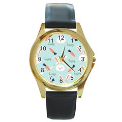 Bunny Carrot Pattern Background Round Gold Metal Watch