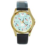 Bunny Carrot Pattern Background Round Gold Metal Watch Front
