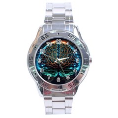 Brain Mind Technology Circuit Board Layout Patterns Stainless Steel Analogue Watch