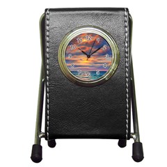 Serene Sunset Over Beach Pen Holder Desk Clock