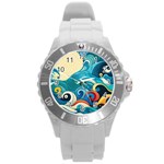 Waves Ocean Sea Abstract Whimsical (2) Round Plastic Sport Watch (L) Front