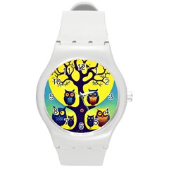 Owl Animal Cartoon Drawing Tree Nature Landscape Round Plastic Sport Watch (m)