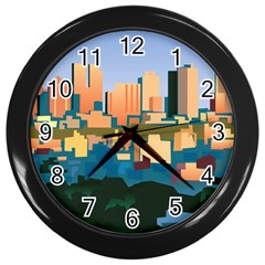City Buildings Urban Dawn Wall Clock (black)