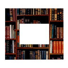 Assorted Title Of Books Piled In The Shelves Assorted Book Lot Inside The Wooden Shelf White Wall Photo Frame 5  X 7  by 99art