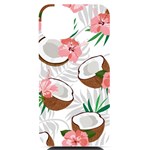 Seamless Pattern Coconut Piece Palm Leaves With Pink Hibiscus iPhone 14 Black UV Print Case Front
