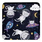 Space Cat Illustration Pattern Astronaut Square Glass Fridge Magnet (4 pack) Front