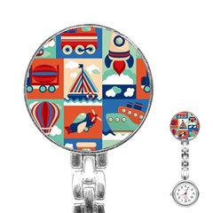 Toy-transport-cartoon-seamless-pattern-with-airplane-aerostat-sail-yacht-vector-illustration Stainless Steel Nurses Watch