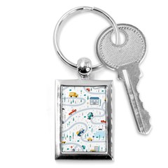 Cute Children Seamless Pattern With Cars Road Park Houses White Background Illustration Town Cartooo Key Chain (rectangle)