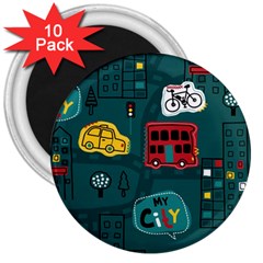Seamless Pattern Hand Drawn With Vehicles Buildings Road 3  Magnets (10 Pack) 