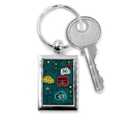 Seamless Pattern Hand Drawn With Vehicles Buildings Road Key Chain (rectangle)