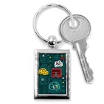 Seamless Pattern Hand Drawn With Vehicles Buildings Road Key Chain (Rectangle) Front